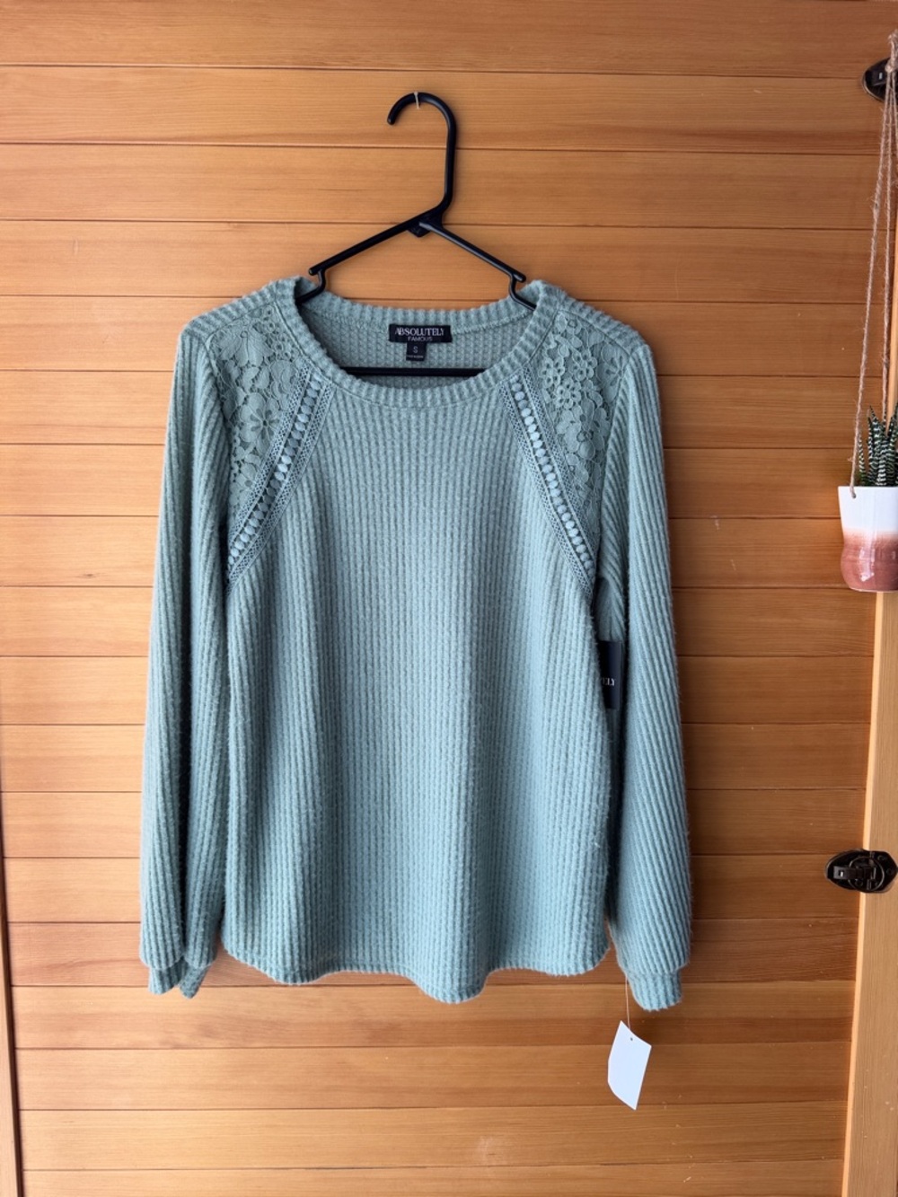 Absolutely Famous Sage Green Ribbed Crewneck Sweater with Lace Shoulders